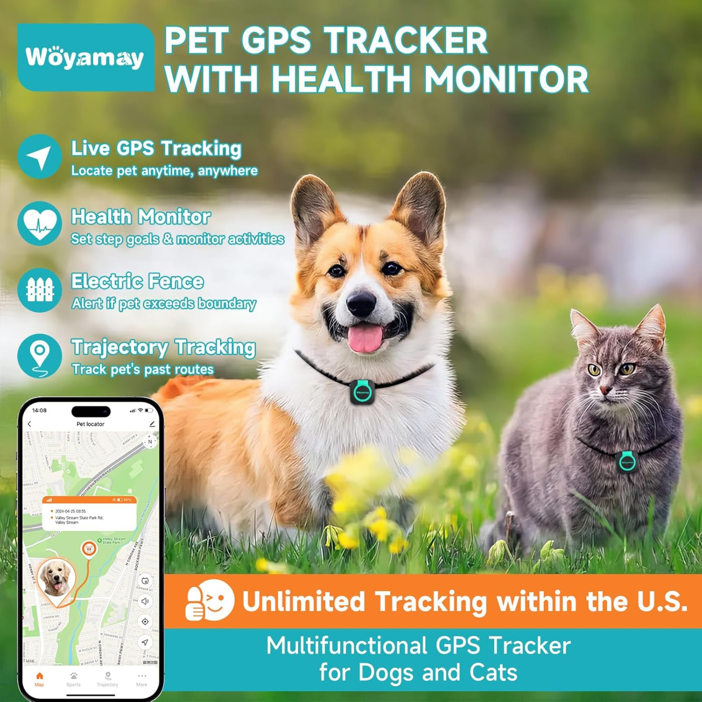 Waterproof GPS Tracker with Health Monitor, Compatible with Any Collar (Universal Android & iOS).