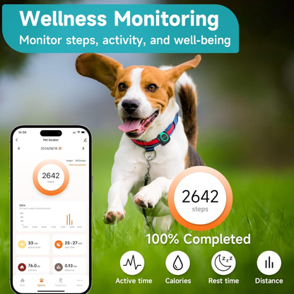 Waterproof GPS Tracker with Health Monitor, Compatible with Any Collar (Universal Android & iOS).