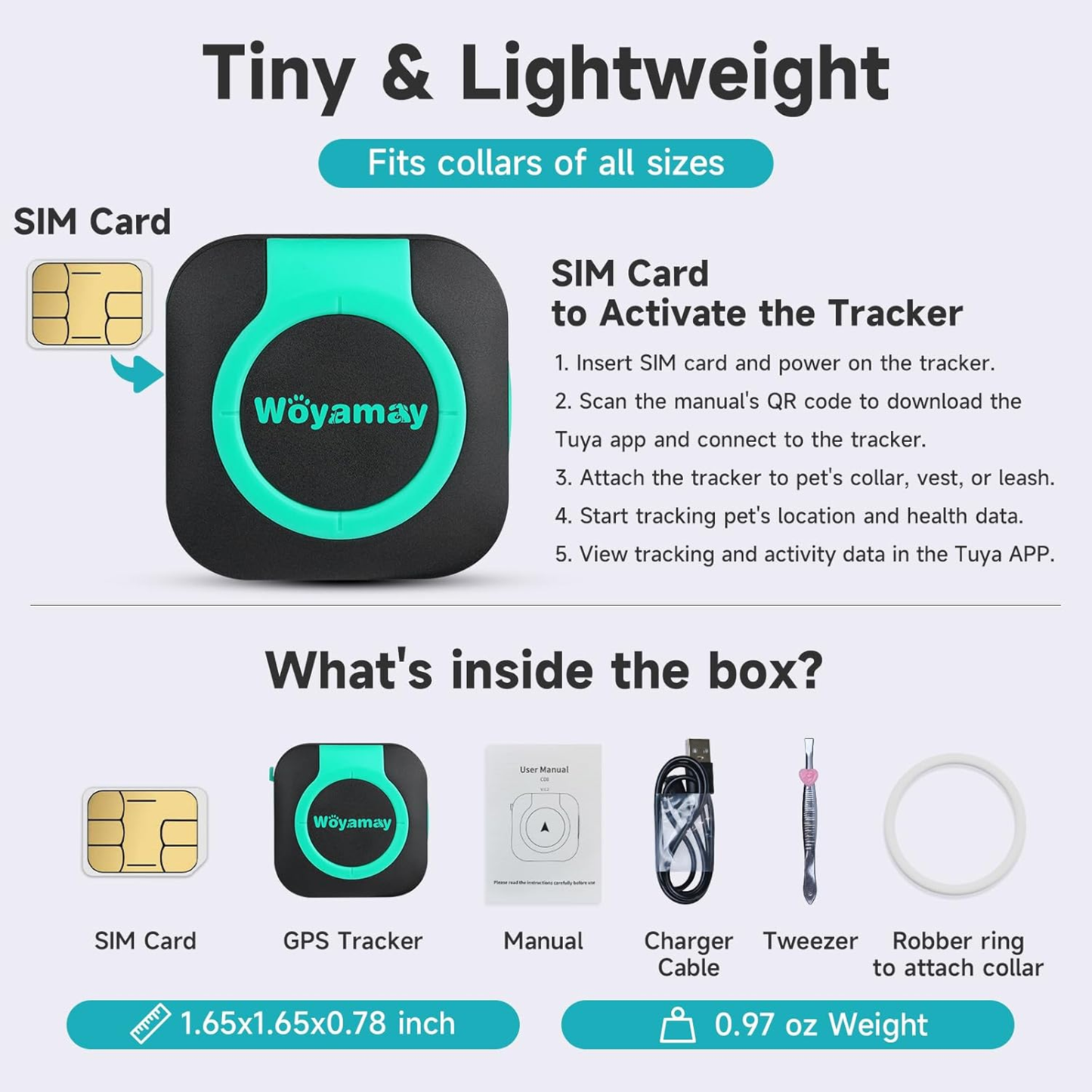 Waterproof GPS Tracker with Health Monitor, Compatible with Any Collar (Universal Android & iOS).