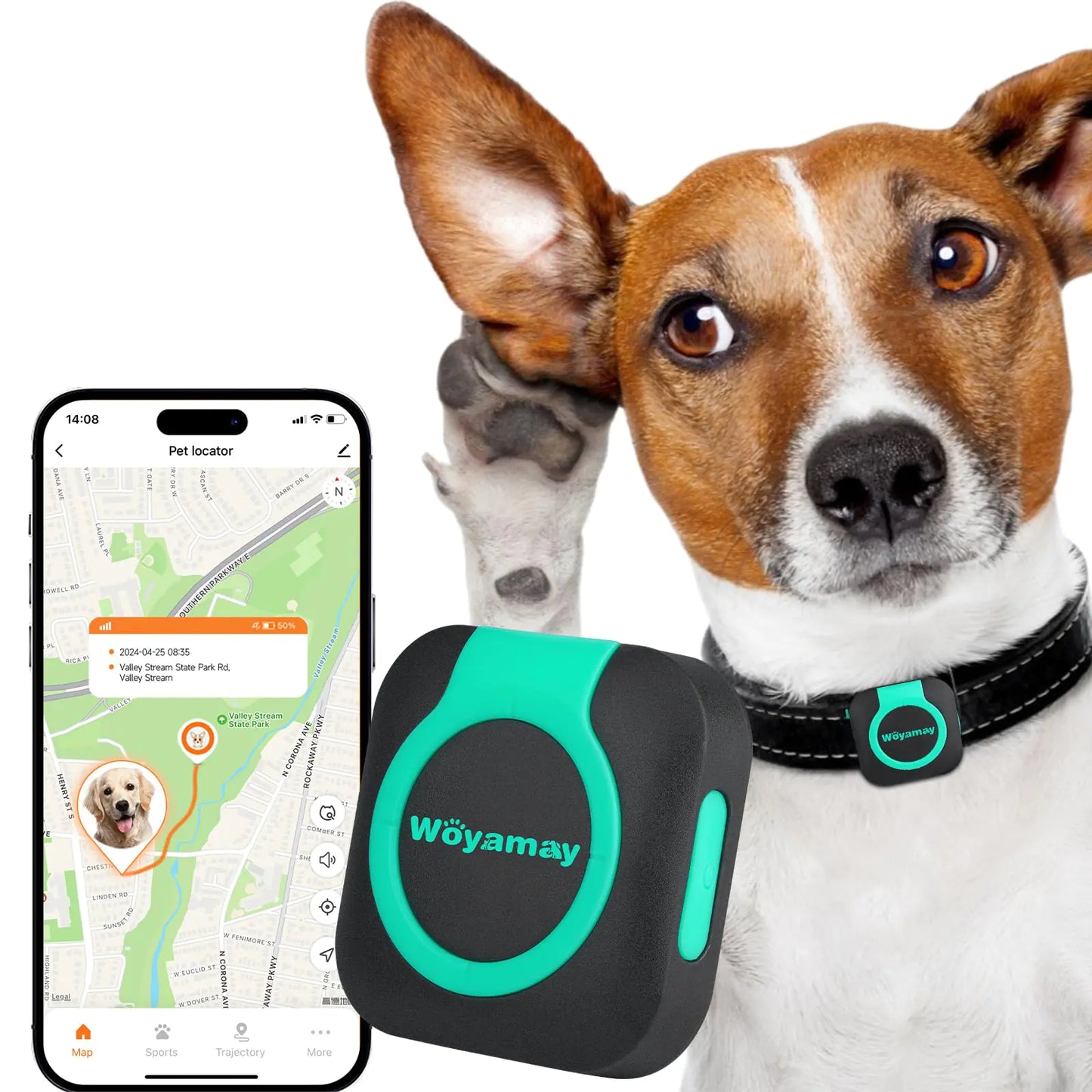 Waterproof GPS Tracker with Health Monitor, Compatible with Any Collar (Universal Android & iOS).